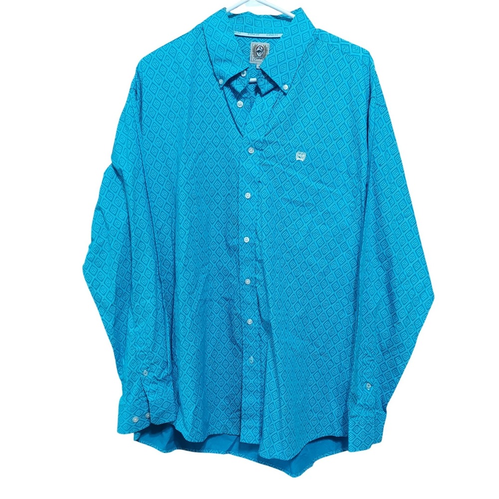 Cinch Mens Turquoise Blue Geometric Diamond Print Western‎ Button Down Shirt L